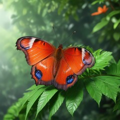 Delicate Scarlet Peacock butterfly perched on a green leaf, wildlife, leaf perch