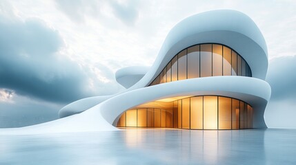 Fototapeta premium A futuristic architectural background featuring the exterior of a curved building rendered in 3D