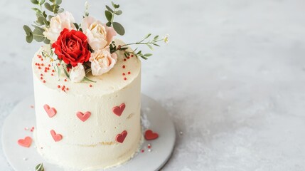 Beautifully Decorated Valentine's Day Cake with Edible Flowers and Heart Accents for Romantic Celebrations