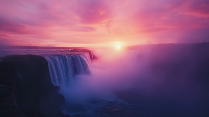 Fototapeta premium Niagara Falls sunset, mist, vibrant sky, scenic view, travel