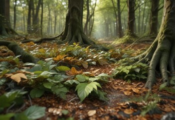 Dense undergrowth of beech leaves and twigs on the forest floor, tangled vegetation , foggy morning