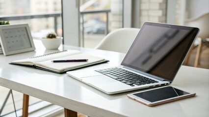 Desk with laptop and tablet on a modern workspace background, office desk, workspace, responsive website design