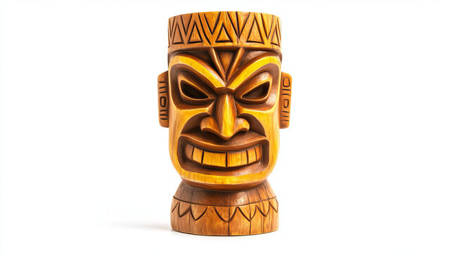 Gold tiki totem mask statue cartoon vector. Yellow hawaiian tribe pillar icon isolated on white background. Aztec god man face sign. Traditional warrior idol design set. Polynesian ritual collection.