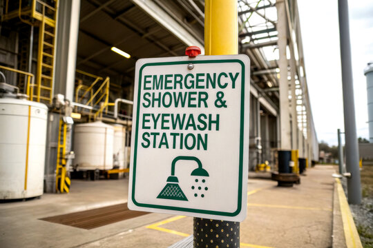 The image shows a sign indicating an emergency shower and eyewash station, highlighting safety measures in an industrial setting.