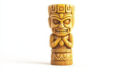 Gold tiki totem mask statue cartoon vector. Yellow hawaiian tribe pillar icon isolated on white background. Aztec god man face sign. Traditional warrior idol design set. Polynesian ritual collection.