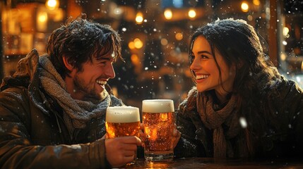 Couple enjoys laughter and craft beer in a warm, cozy pub environment