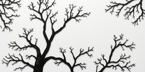 Detailed black and white tree cut-out texture, abstract designs, geometric shapes, nature-inspired visuals