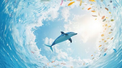 Playful Dolphin Swimming in Vibrant Sea with Colorful Fish Under Bright Sunny Sky