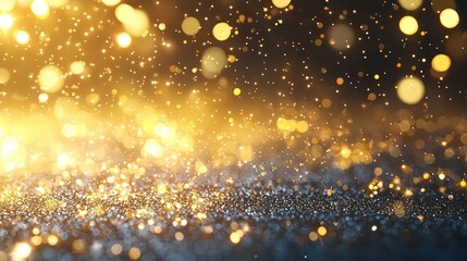 A dazzling effect of golden lights and sparkling particles in the air, creating an elegant and festive background suitable for Christmas or New Year advertisements and web design.