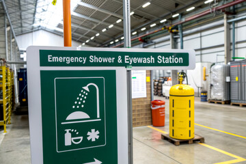 Emergency shower and eyewash station sign in a factory setting, indicating safety equipment for worker protection in case of hazardous exposure.