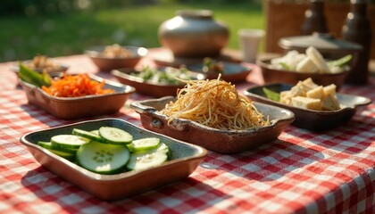 Traditional Thai food ingredients on a table. Concept of healthy eating and cooking.