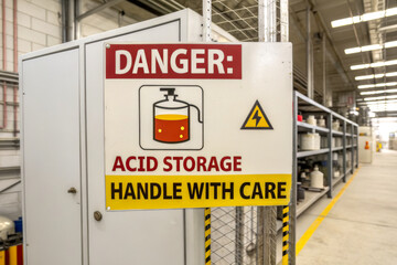 A warning sign indicating that the area is for acid storage and advises handling with care due to potential hazards.