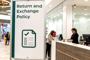 A sign displaying the return and exchange policy in a retail environment, featuring a checklist for customer guidance.