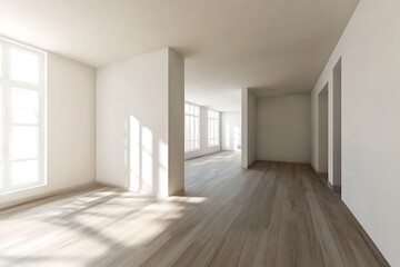 3D depiction of a large, minimalist Scandinavian room showcasing a wooden floor, broad white walls, and a peaceful Nordic-themed interior design.