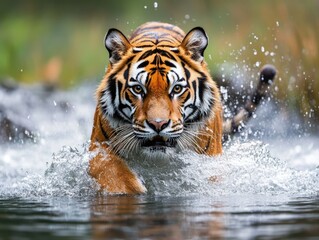 A majestic tiger strides through the water, creating a splash, its eyes fixed ahead