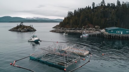 Salmon Farm in Fjord, Coastal British Columbia