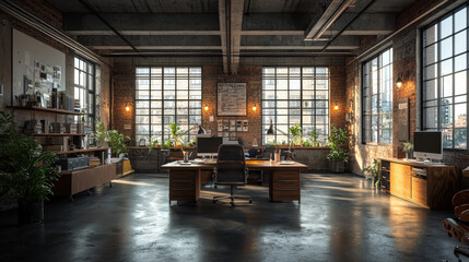 spacious industrial style office with exposed brick walls, large windows, and modern wooden furniture. room is well lit with natural light and decorated with green plants, creating vibrant
