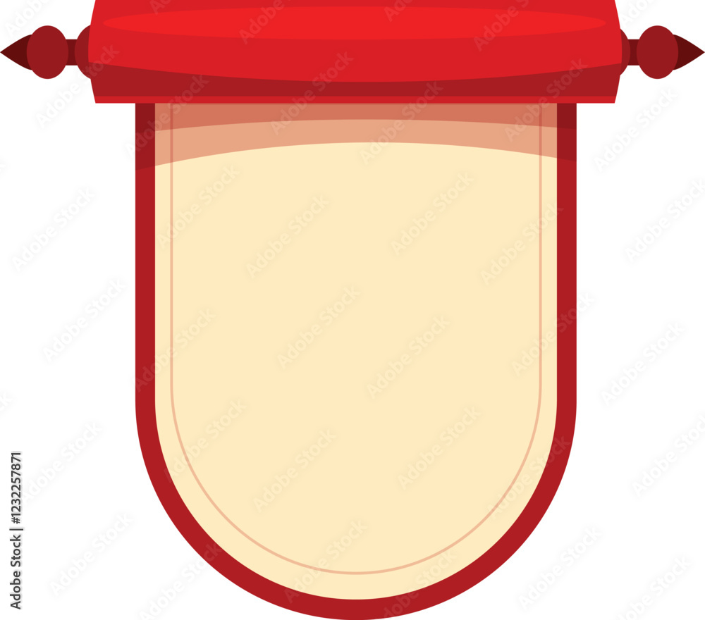 Poster red scroll hanging with blank parchment displaying important information, ancient document with curl