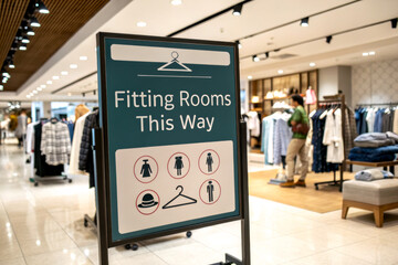 A sign directing customers to the fitting rooms in a retail clothing store, featuring icons for guidance.