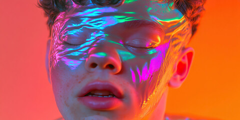Fototapeta premium Close-up Portrait: Iridescent Material on Face with Multicolored Lighting