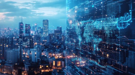 A futuristic city skyline with massive transparent screens showing AI-driven trade analytics, digital world maps, and financial flow charts.