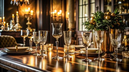 Elegant glassware sitting on a polished wooden table surrounded by luxurious decorations and dim lighting, dimly lit, glassware, elegant