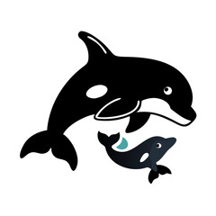 Orca Family Icon with Bubbles Vector Graphic
