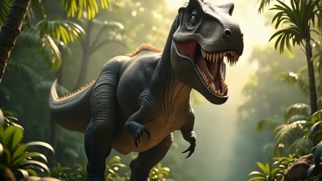 Realistic T-Rex dinosaur roaring in a lush prehistoric jungle setting