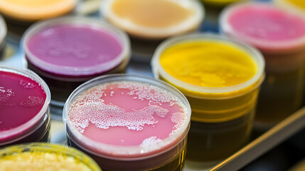 Naklejka premium A close-up of colorful petri dishes with various bacterial colonies growing on different media, used in microbiology research or laboratory experiments