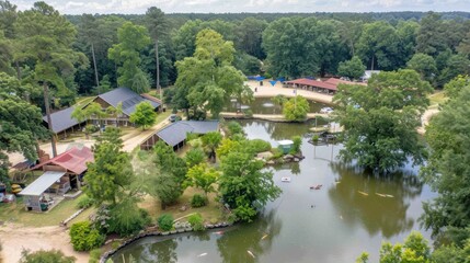 Fototapeta premium Aerial View of Lakeside Resort in Lush Green Forest