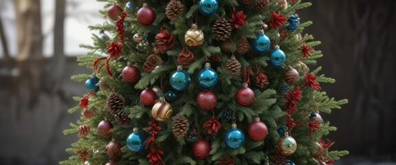 Evergreen tree with symmetrical branches and a rounded top covered in colorful glass ornaments, pinecones, and red ribbons, holiday decorations, red ribbons, winter wonderland