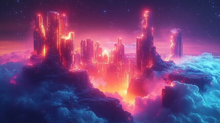 Fototapeta premium Futuristic cityscape illuminated by glowing lights amidst vibrant clouds at night