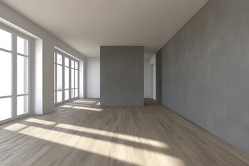 A 3D visualization of a retro-modern living room featuring an unoccupied interior with gray walls and wooden floors.