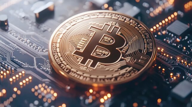 A stylized Bitcoin coin with futuristic lighting, black background.