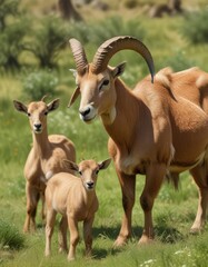 Female Aoudad in a meadow with her young ones grazing, grazing behavior , parenting instincts, savannah scenery