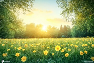 Sunlit meadow with tall grass and yellow wildflowers, bathed in warm sunrise glow, creating a serene and tranquil countryside landscape.