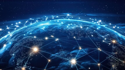 Obraz premium A futuristic representation of global connections, a globe surrounded by spinning holographic data points, sci-fi, high resolution, vibrant tones. 
