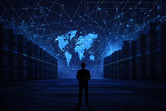 Vector illustration of a logistics expert monitoring shipment progress on digital screens