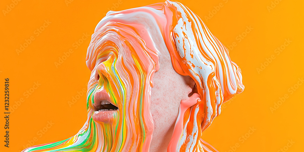 Poster digital rendering of a face covered in multicolored paint