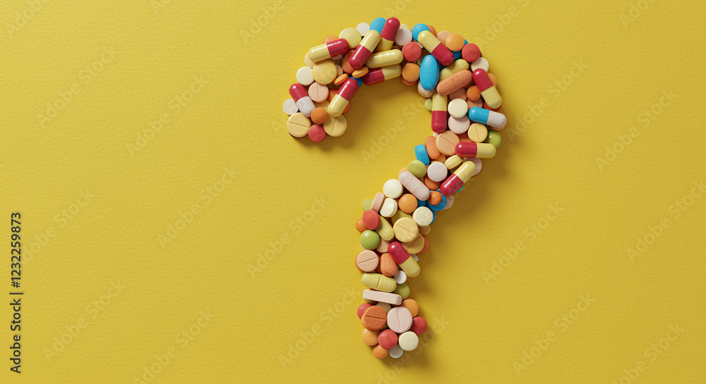 Poster pills arranged in question mark shape on yellow background. colorful pills in a question mark form