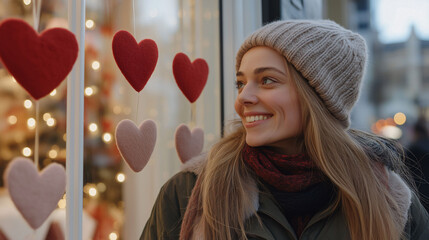 Young woman in winter clothes smiling at romantic heart decorations on Valentine's Day
