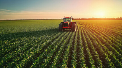 a tractor in a green corn field