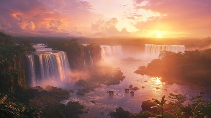 Fototapeta premium Iguazu Falls sunset, rainforest backdrop, travel postcard