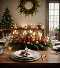festive holiday table with a large centerpiece, holiday decorations, lively ambiance, seasonal colors