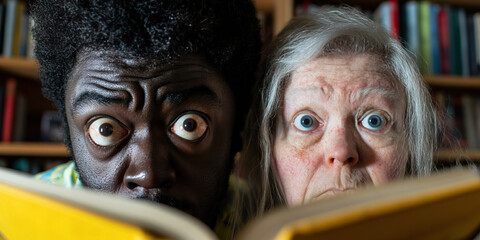 Close-up of Two Individuals with Surprised Expressions Over a Book