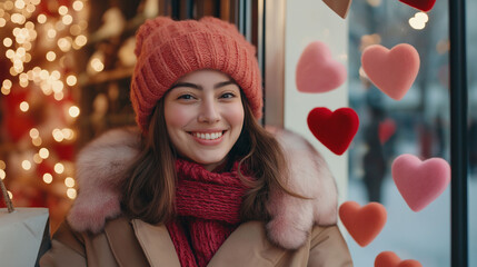 A cheerful young woman wearing a warm hat and scarf, surrounded by floating heart decorations in a romantic winter setting, celebrating Valentine's Day joy. 