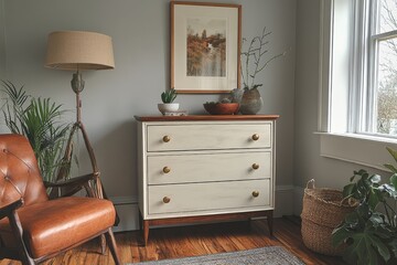 Scandinavian-style white herringbone wood and walnut tall dresser with three drawers, leather accents, brass hardware, and modern home decor elements in a living room corner.