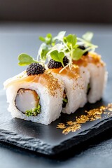 Close up of uramaki sushi rolls, featuring foie gras, caviar, and edible gold flakes, served on a black slate plate