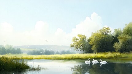 Serene Riverside View with Graceful Swans Gliding Across Calm Waters Under a Clear Sky