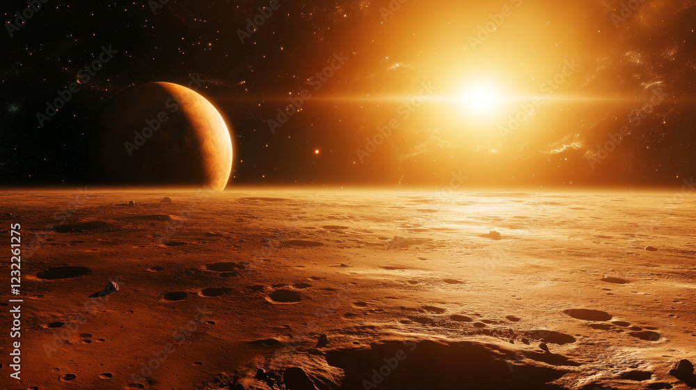 Poster galaxy space game level map on mars planet vector background. flying platform on martian desert cart